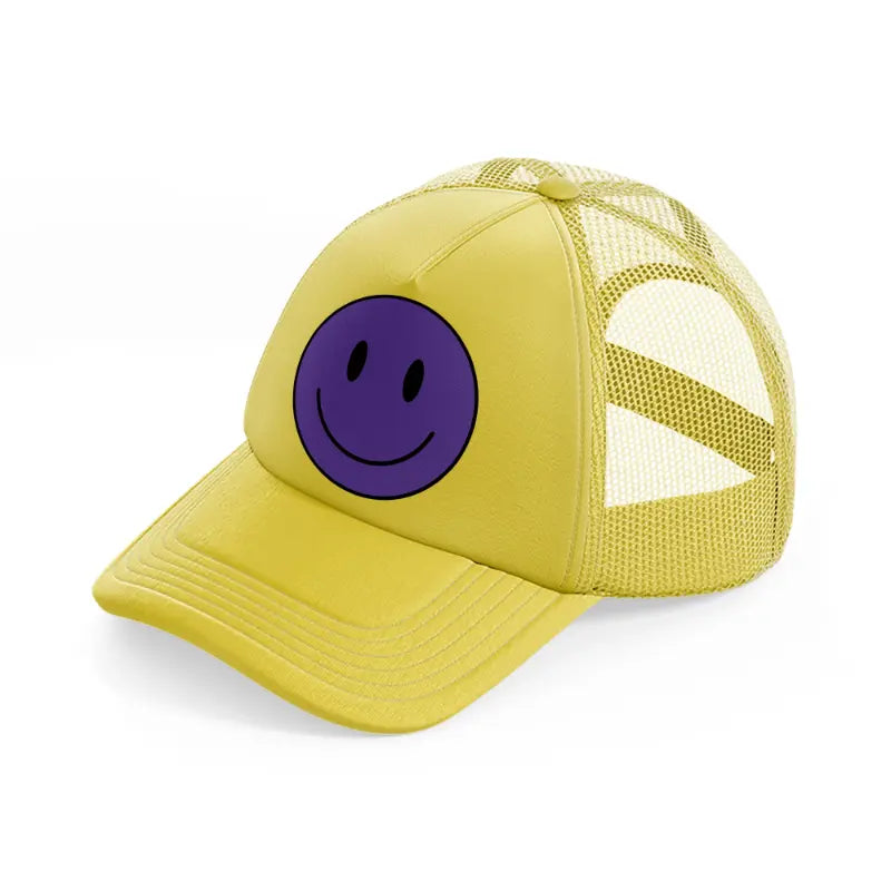 happy face purple gold trucker hat