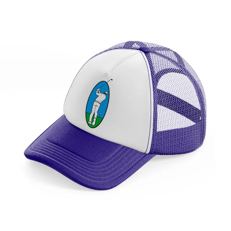 golfer taking shot-purple-trucker-hat