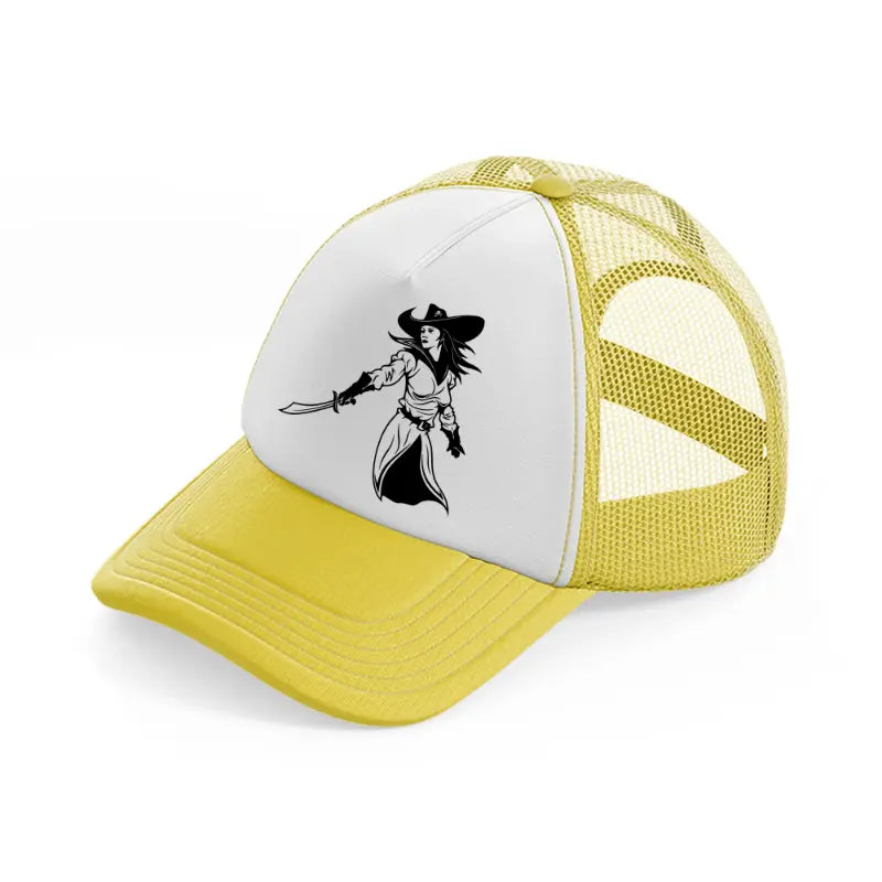 lady with sword yellow trucker hat