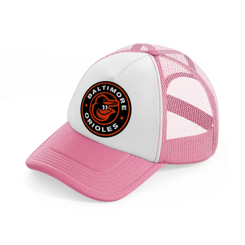 baltimore orioles badge-pink-and-white-trucker-hat