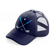 golf sticks. navy blue trucker hat