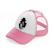 man with hat-pink-and-white-trucker-hat