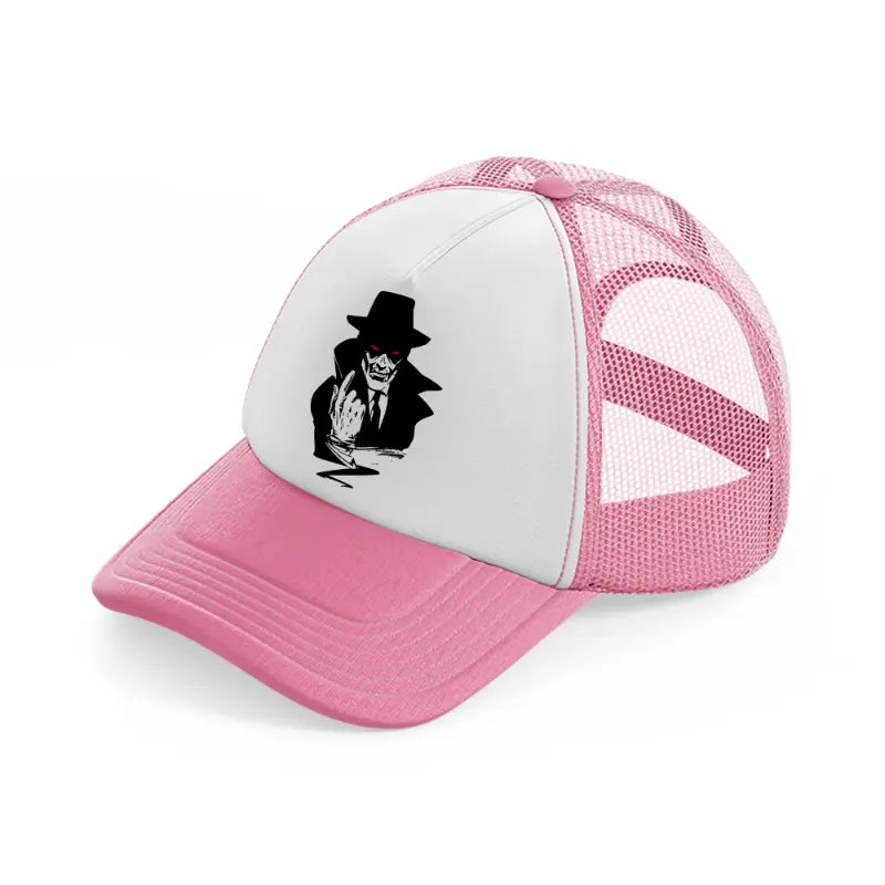 man with hat pink and white trucker hat