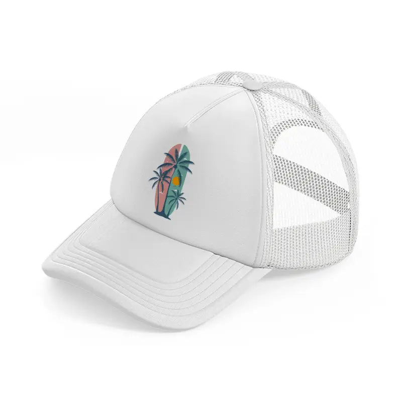 summer palm tree soft color surfing sunset-white-trucker-hat