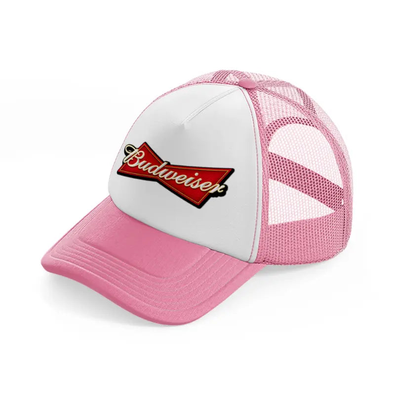 bud logo-pink-and-white-trucker-hat