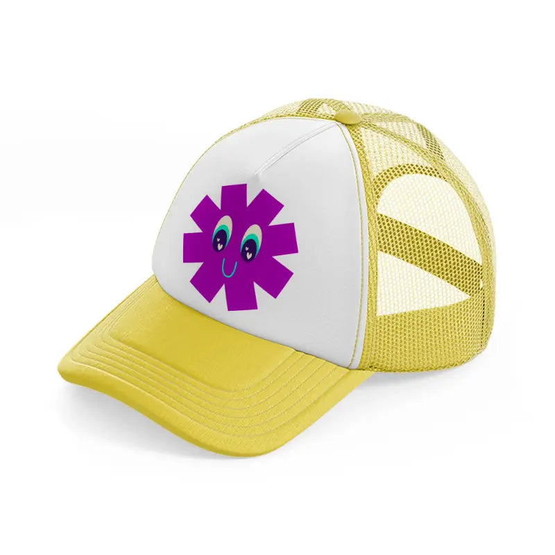 purple smiley flower yellow trucker hat