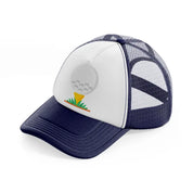 golf ball in grass-navy-blue-and-white-trucker-hat