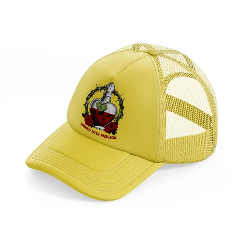 love potion brewed with passion gold trucker hat