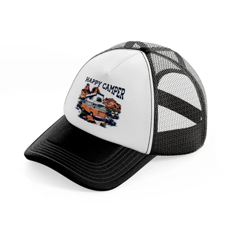 happy camper-black-and-white-trucker-hat