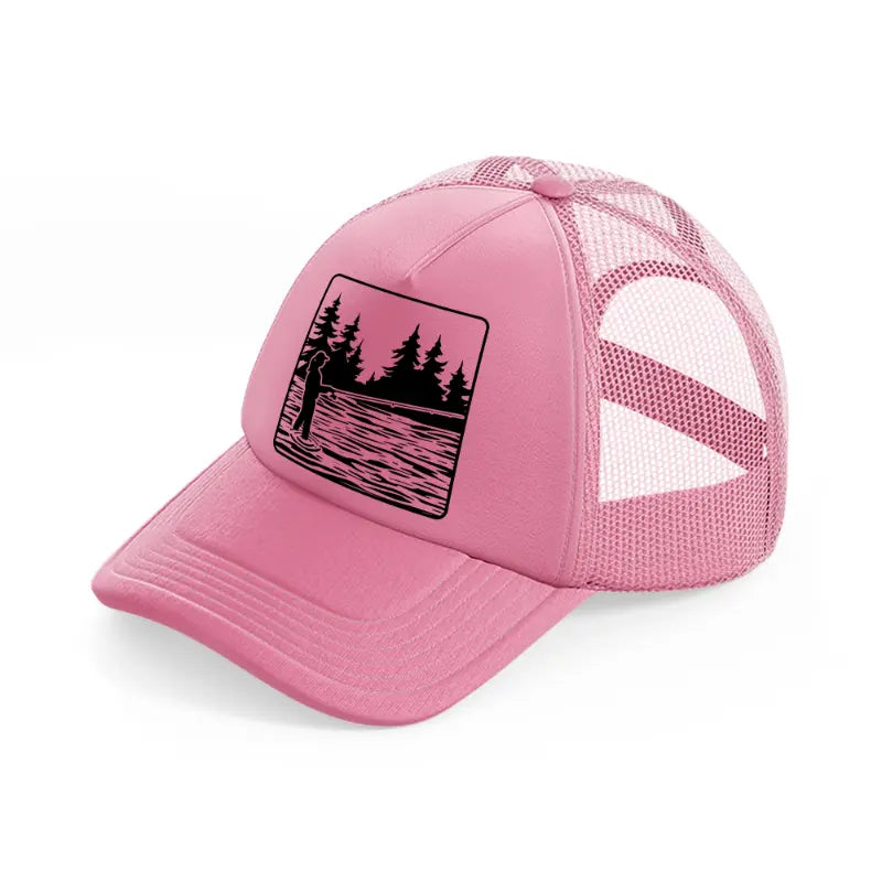 woman fishing at lake-pink-trucker-hat