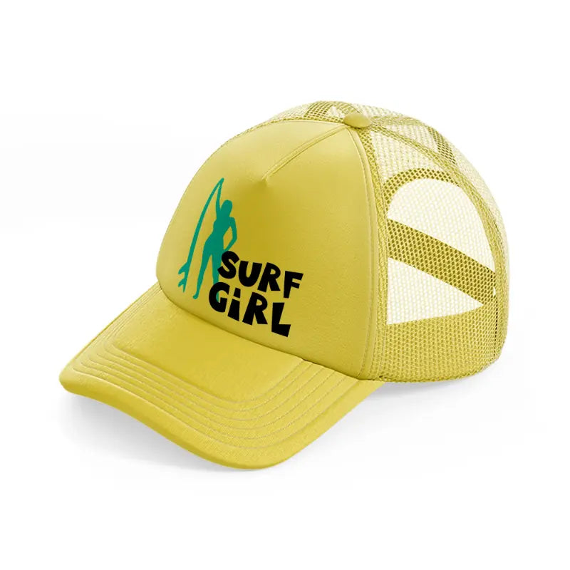 standing surf girl gold trucker hat