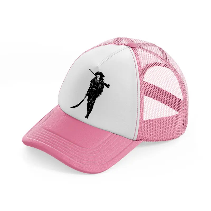 lady with weapons pink and white trucker hat