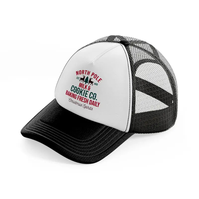 north pole milk & cookie co. baking fresh daily christmas spirits-black-and-white-trucker-hat