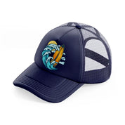 surfboard and summer waves navy blue trucker hat