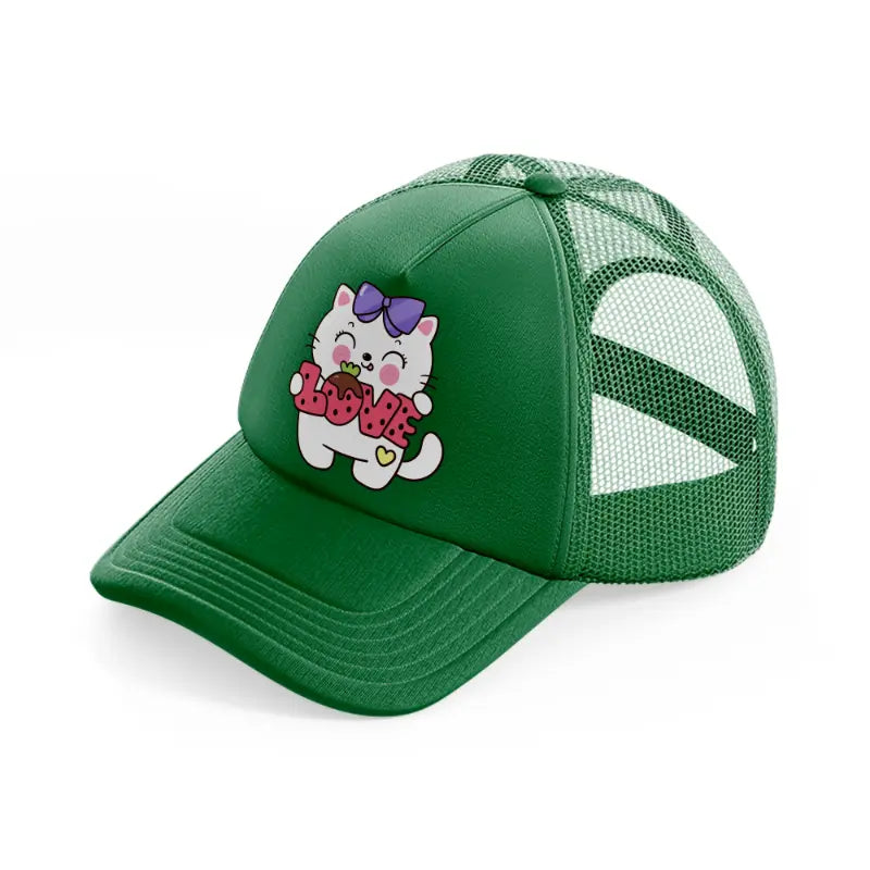 white cute cat-green-trucker-hat