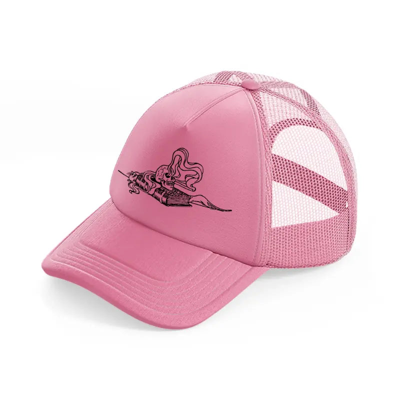 skull on book-pink-trucker-hat