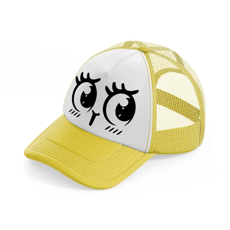 happy shy face yellow trucker hat