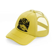 mountain fishing in tranquil lake-gold-trucker-hat