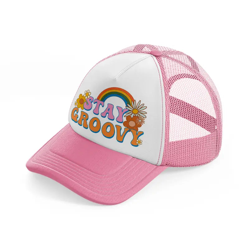 hippiehappy1 pink and white trucker hat