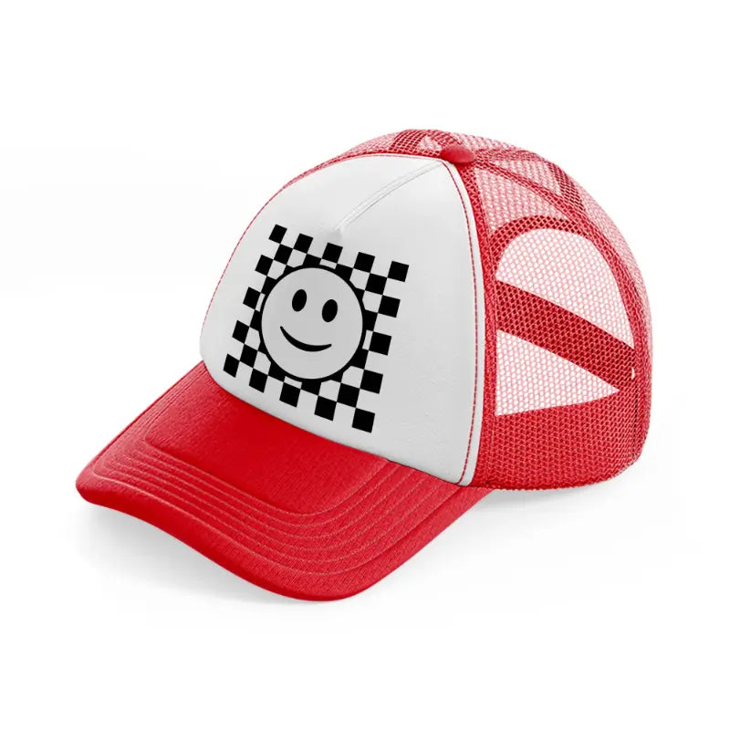 black & white happy face-red-and-white-trucker-hat