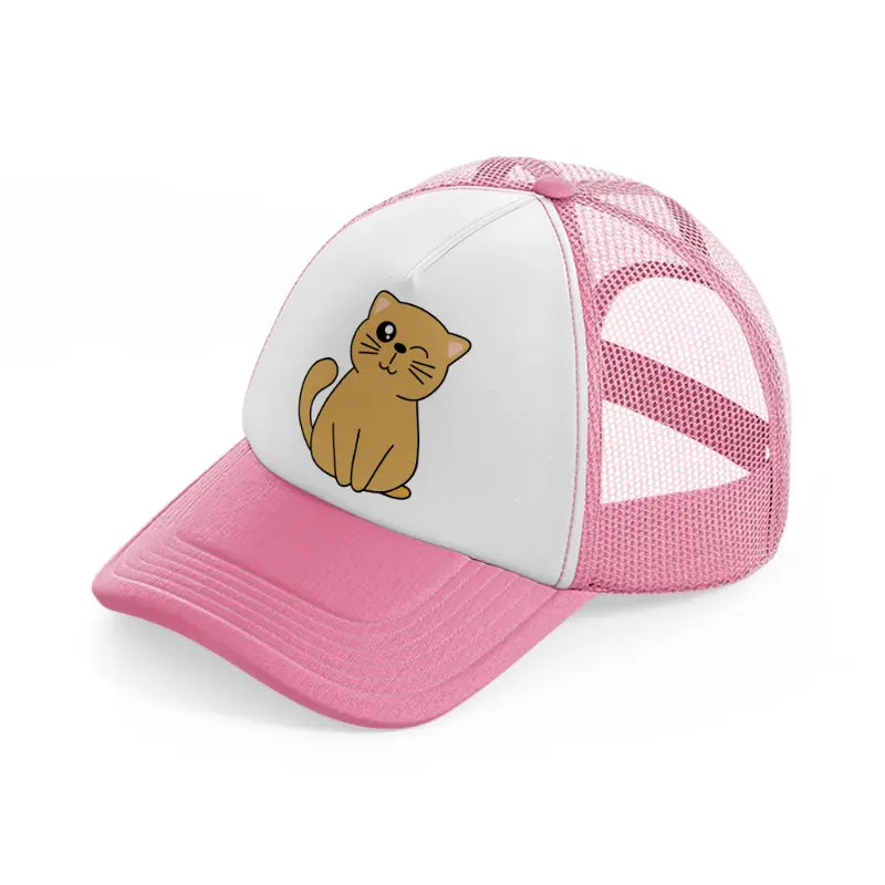 cute cat wink-pink-and-white-trucker-hat