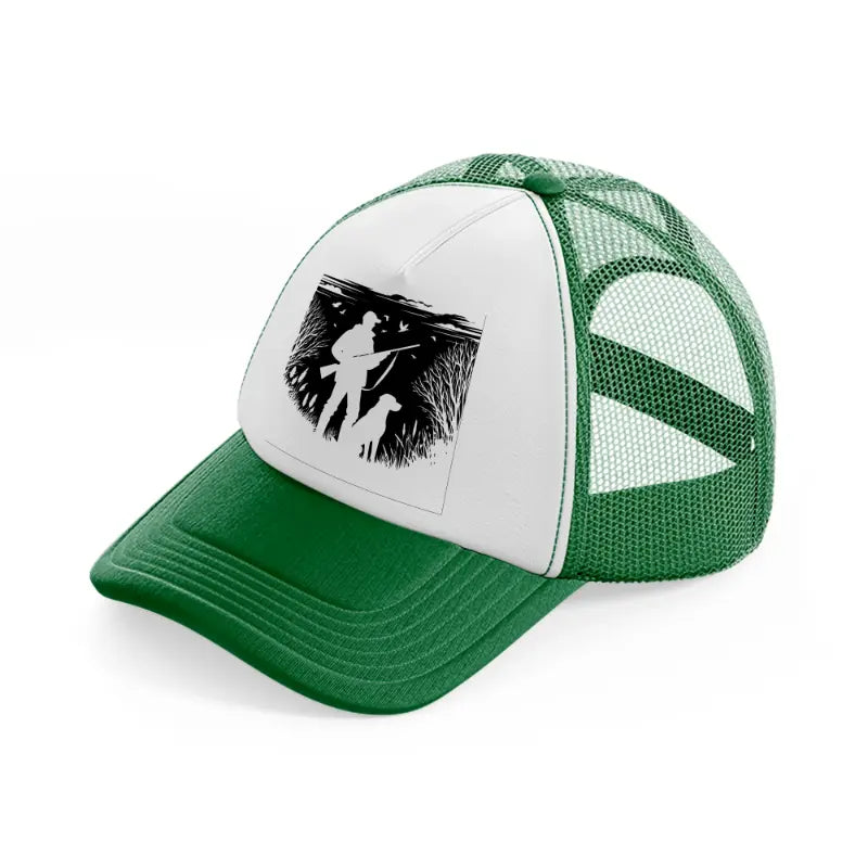 hunter with dog-green-and-white-trucker-hat