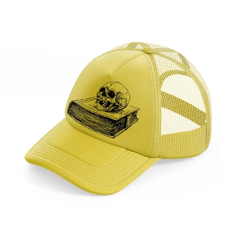 skull in book gold trucker hat