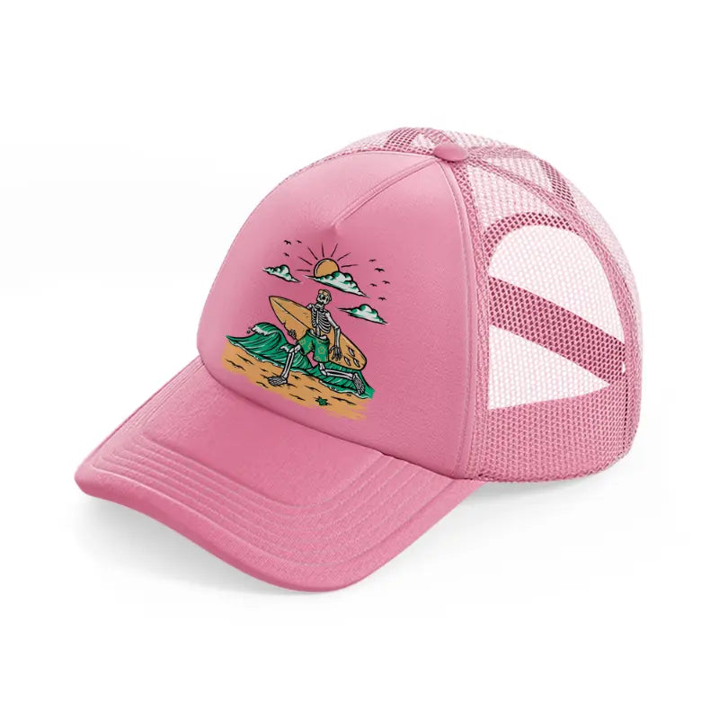 skeleton going to surf pink trucker hat