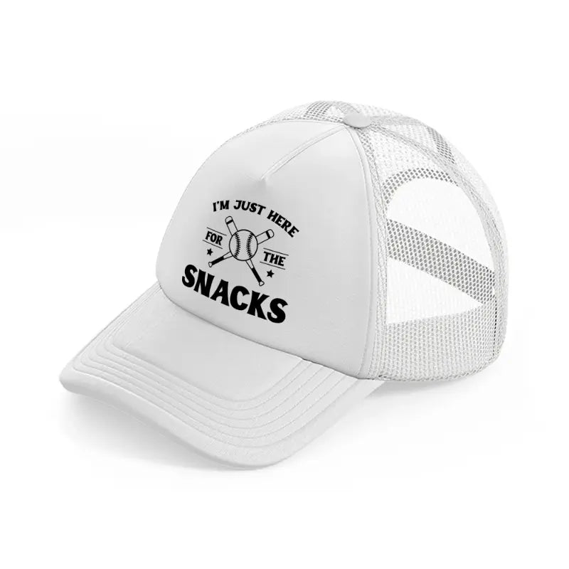 i'm just here for the snacks white trucker hat