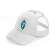 golfer taking shot white trucker hat