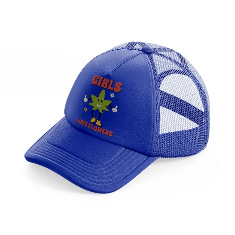 retro groovy 70s cannabis leaf character-blue-trucker-hat