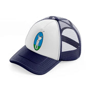 golfer taking shot-navy-blue-and-white-trucker-hat