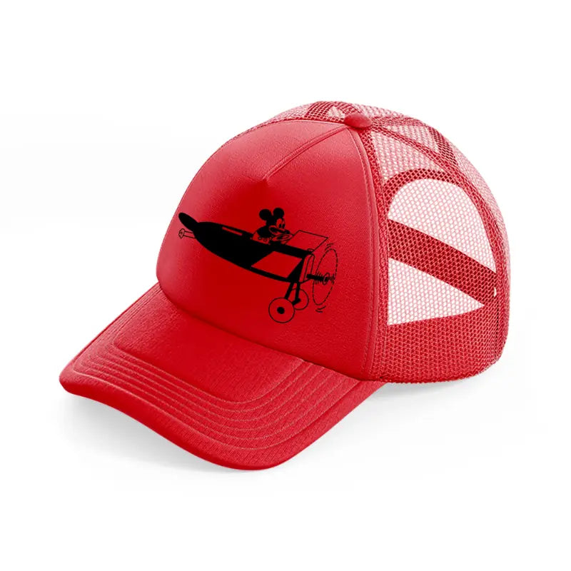 micky on plane-red-trucker-hat
