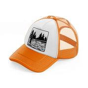 woman fishing at lake-orange-trucker-hat