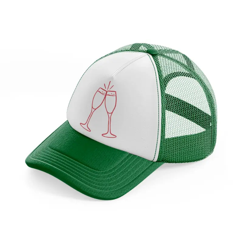 champagne glasses clinking-green-and-white-trucker-hat